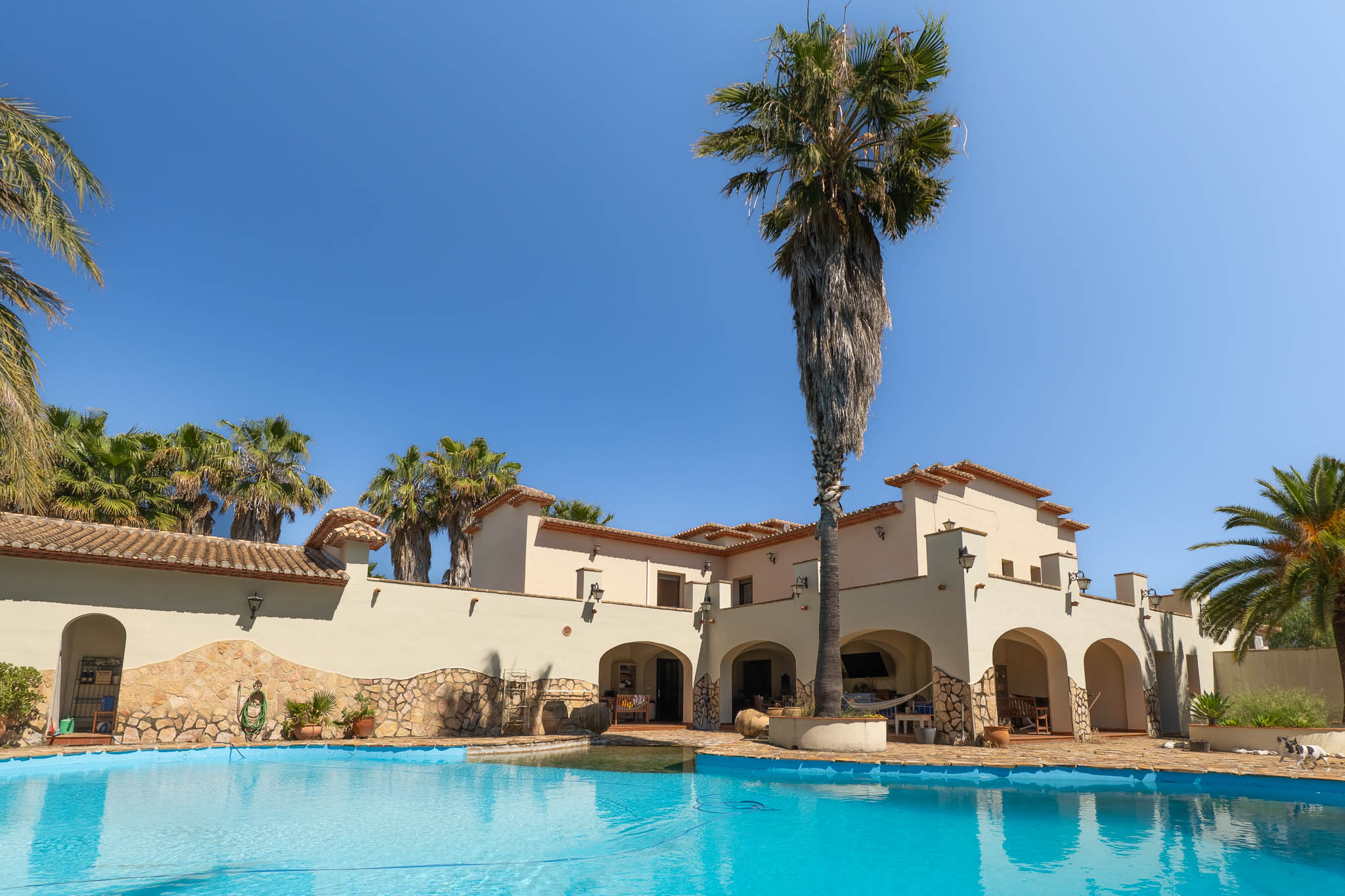 Uitgestrekt privézwembad met helder water, geflankeerd door een mediterrane villa met bogen en hoge palmbomen onder een blauwe lucht.