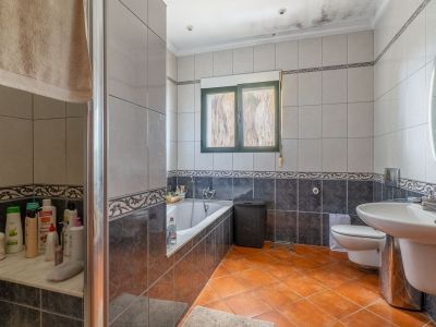 Complete badkamer met terracotta vloertegels, grijze wandtegels met sierranden, een ligbad, glazen douchecabine, wastafel en een groen kozijnraam.