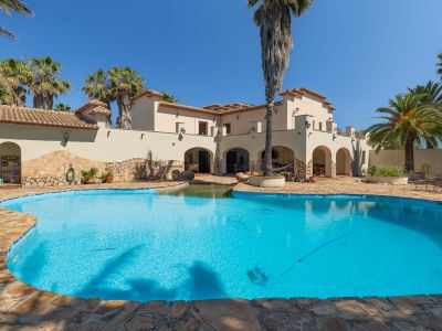Exterieur van de mediterrane villa met een onregelmatig gevormd privézwembad, natuurstenen randen en omringd door palmbomen onder een helderblauwe lucht.