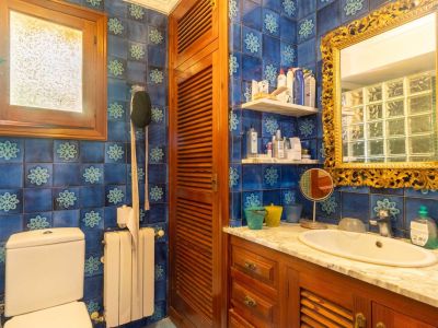 Badkamer met kenmerkende blauwe patroontegels, een houten wastafelmeubel met wit marmeren blad en een sierlijke gouden spiegel. Een matglazen houten raam zorgt voor natuurlijk licht.