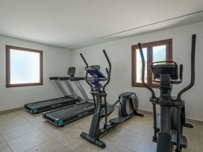 Residentiële fitnessruimte met twee BH RCM Pro loopbanden en twee crosstrainers. Voorzien van een tegelvloer, witte muren en houten raamkozijnen, waarvan één met uitzicht op de bergen.