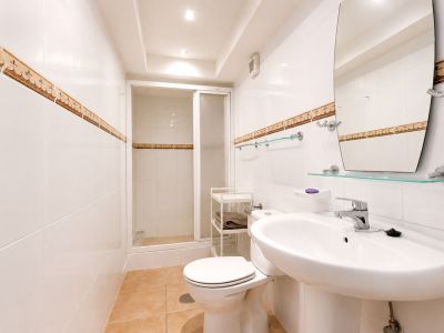 Functionele badkamer met witte wandtegels en decoratieve rand, voorzien van een wastafel op zuil, toilet en douchecabine, aangevuld met glazen planken en spiegel.
