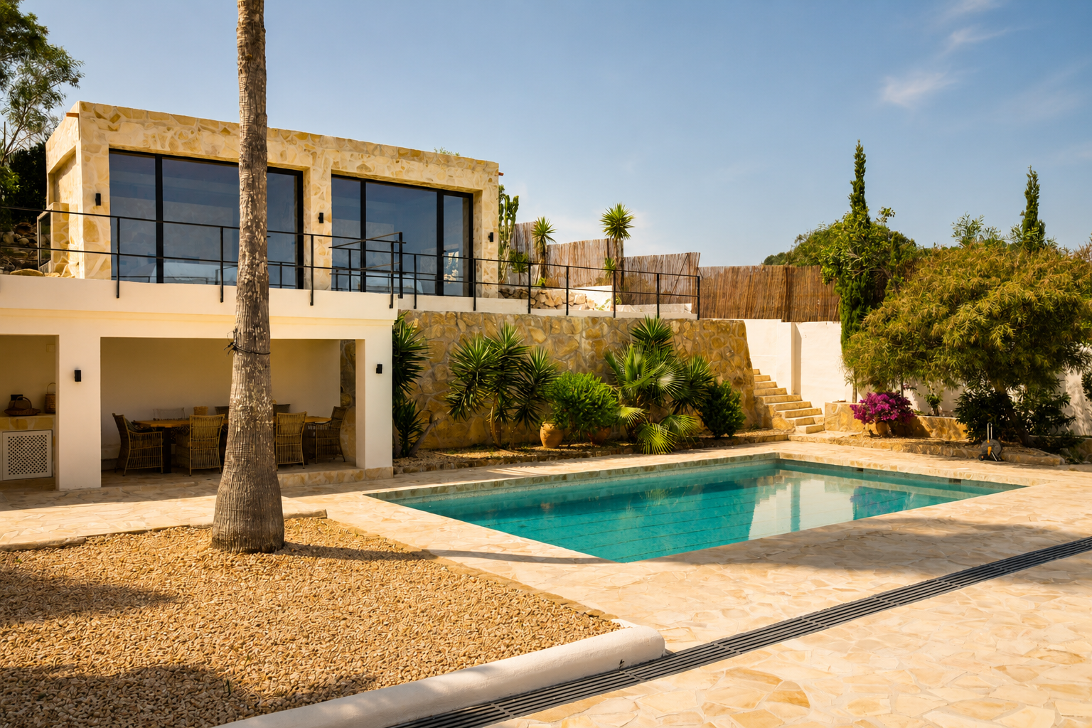 Het terrasvormige exterieur van de villa omvat een rechthoekig zwembad met onregelmatige stenen bestrating, een overdekte eethoek en een stenen gevel met grote ramen.