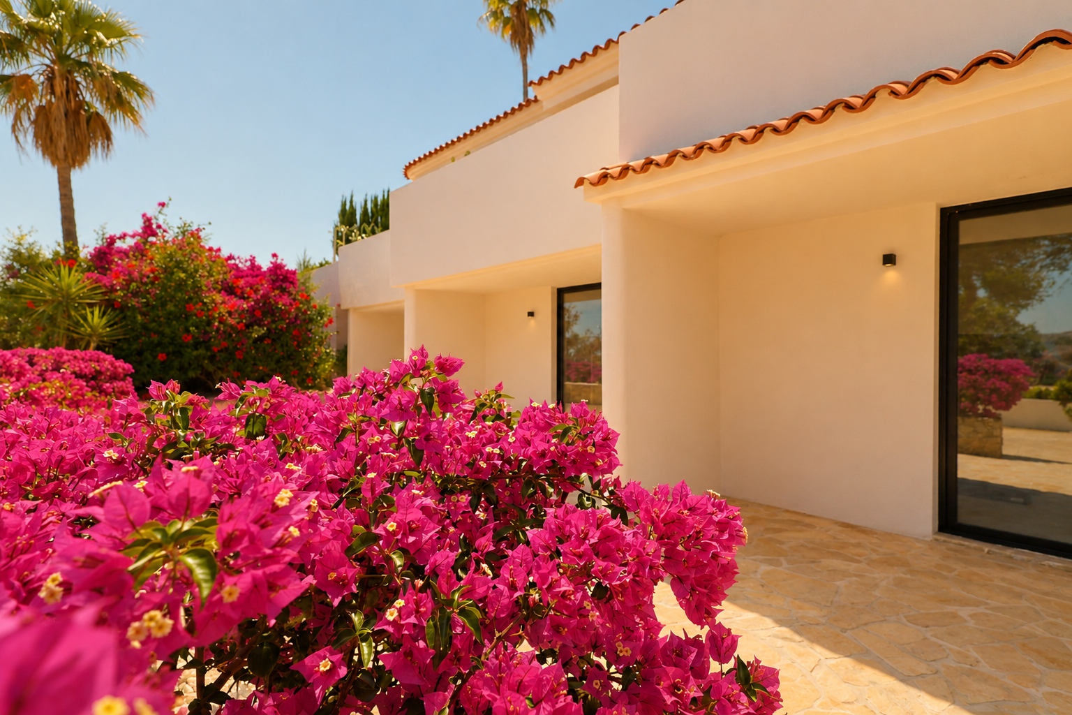 Levendige fuchsia bougainvillea op de voorgrond voor een lichte mediterrane gevel met traditionele terracotta dakpannen en een stenen pad. Donker omlijste ramen reflecteren de zonnige omgeving.