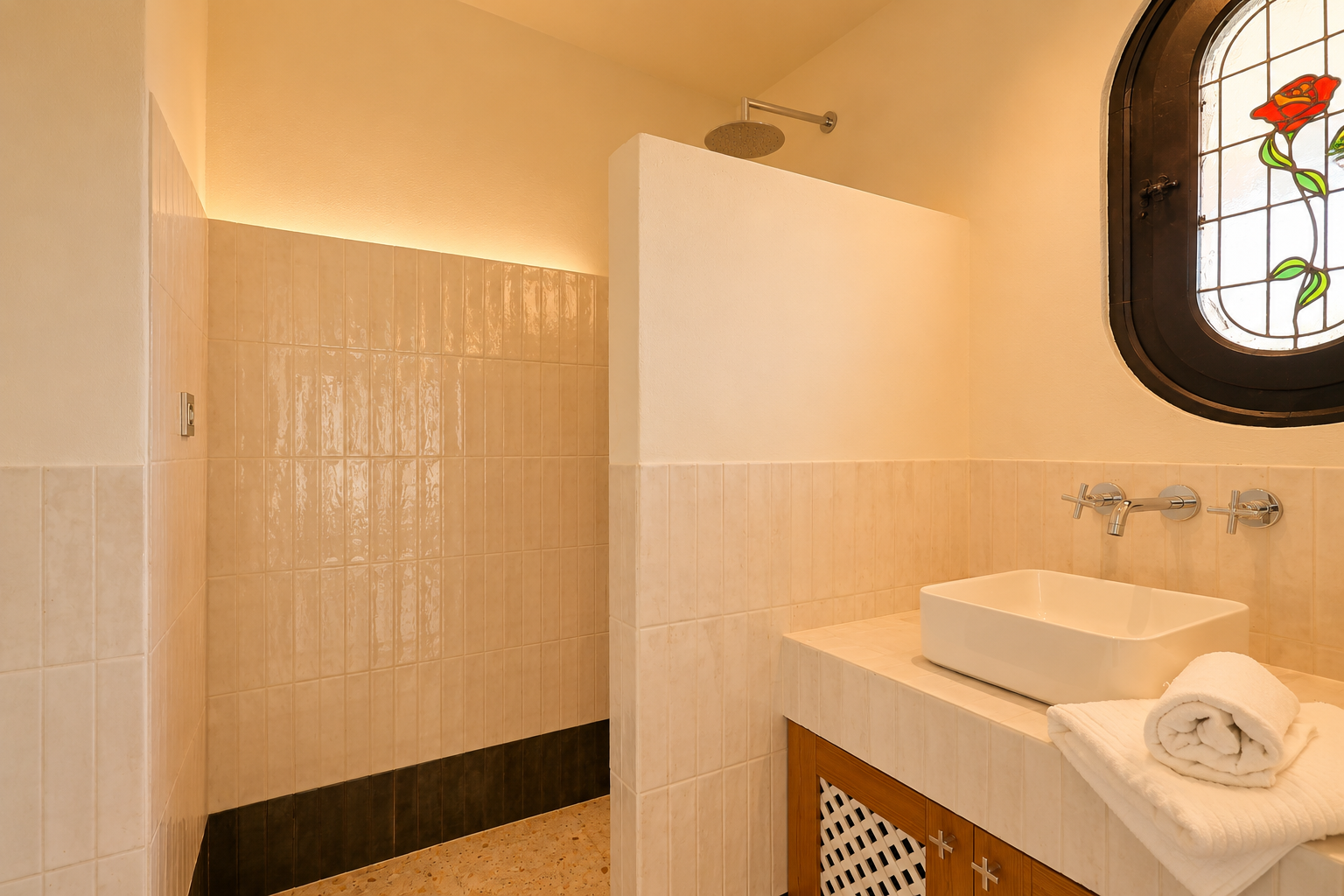 Moderne badkamer met inloopdouche, regendouchekop en indirecte LED-verlichting. Wastafel op tegelmeubel en een ovaal glas-in-loodraam met een roosmotief.