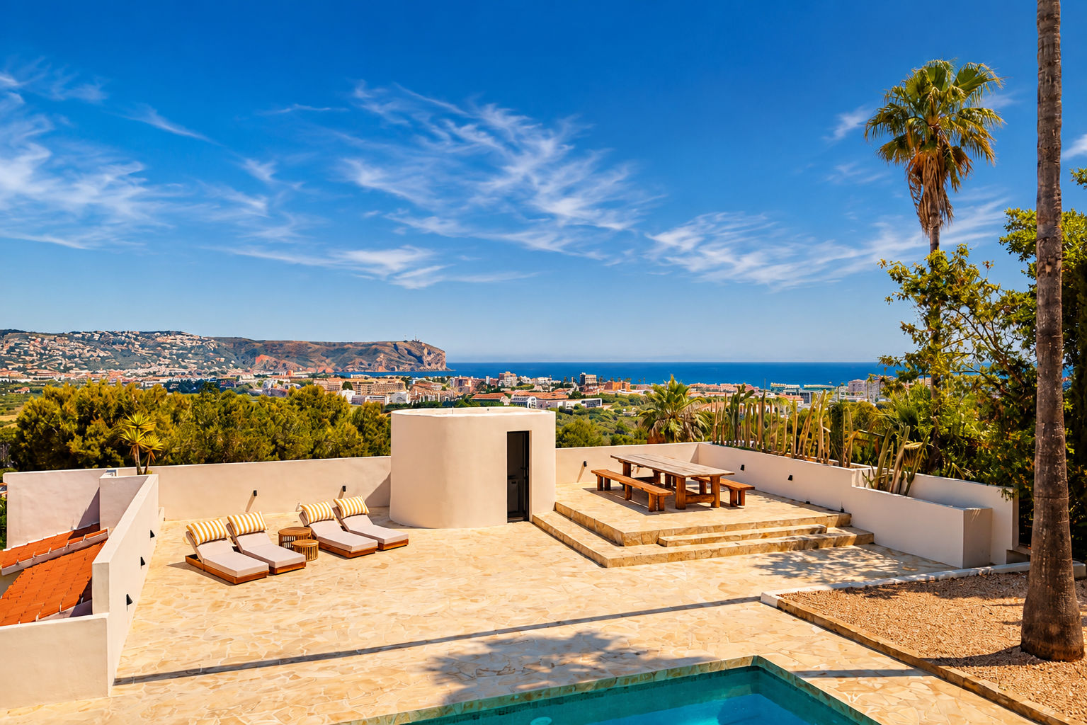 Ruim stenen terras met privézwembad, ligbedden en verhoogde houten eethoek, met panoramisch uitzicht op de baai van Jávea en de kust onder een heldere hemel.