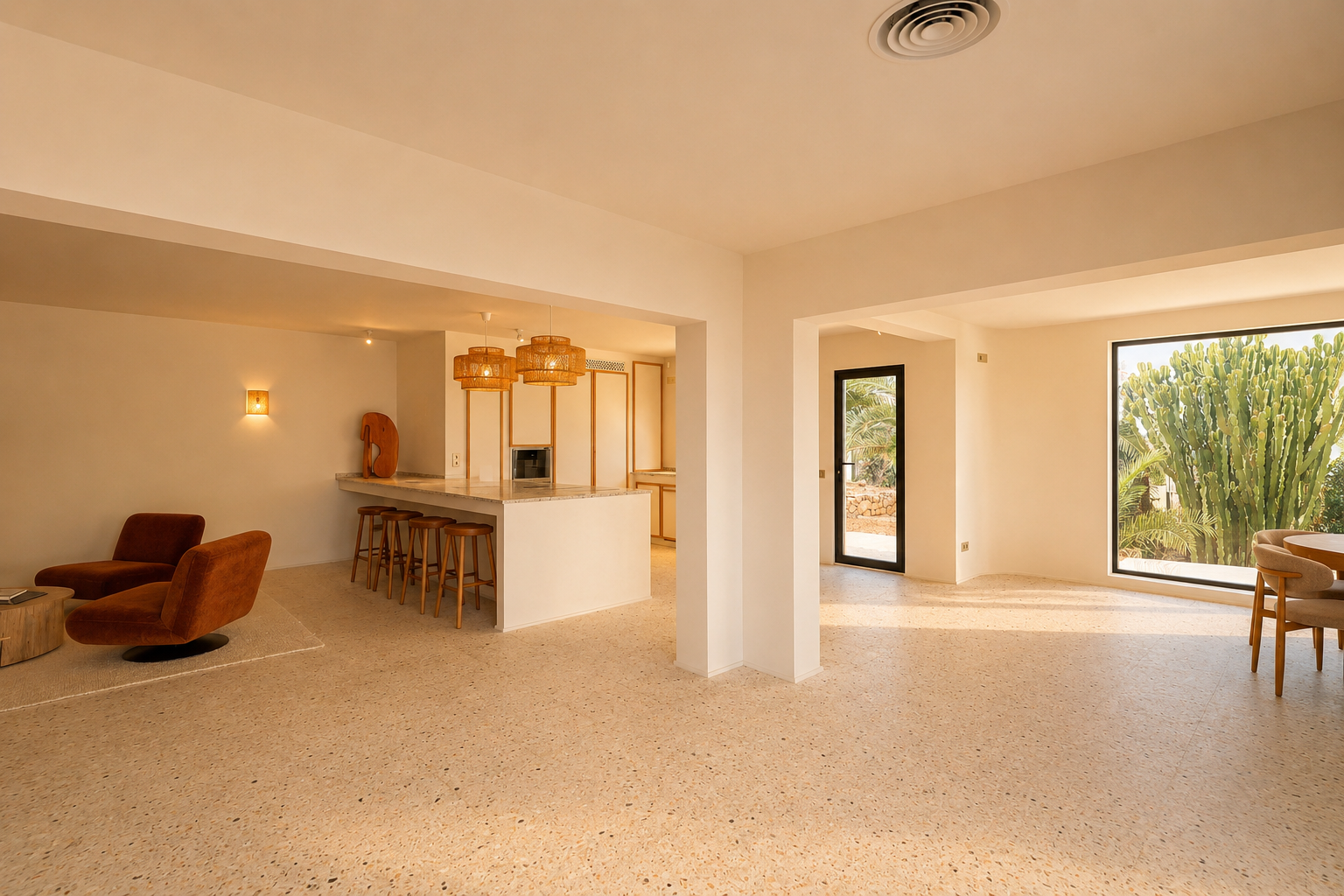 Ruime open woon- en eetkamer met terrazzovloer, inclusief een keukeneiland met bar en een zithoek, verlicht door natuurlijk licht met uitzicht op de weelderige buitenbeplanting.