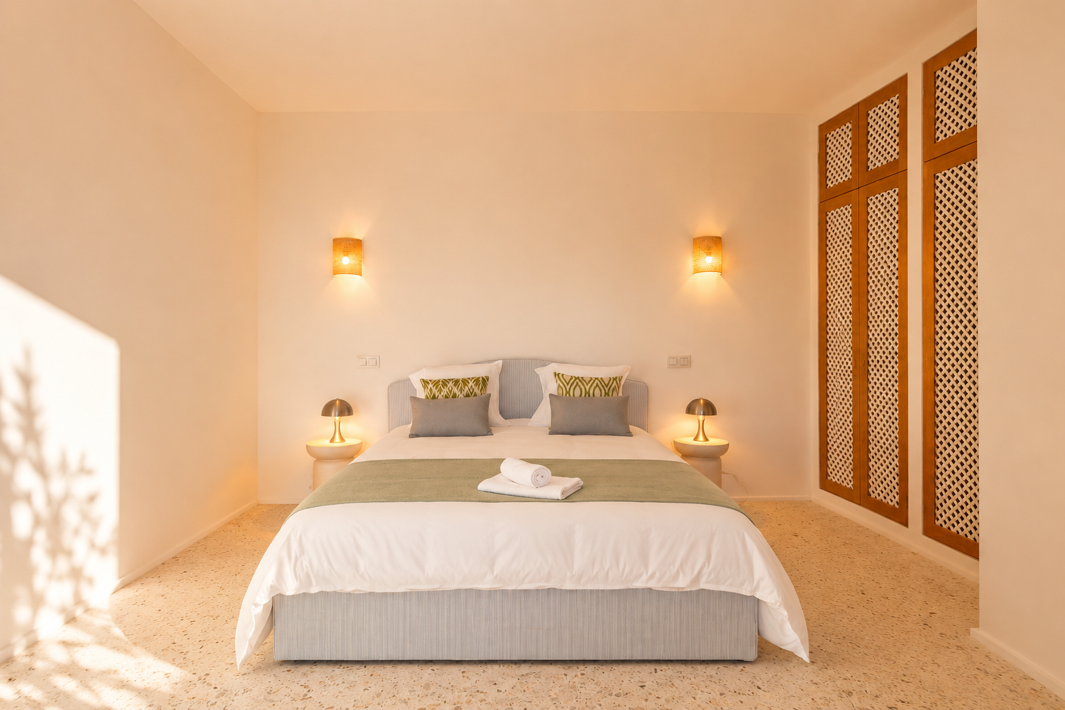 Slaapkamer met lichtblauw gestoffeerd bed, terrazzovloer en warme verlichting van geweven wandlampen. Een houten kast met rasterpanelen is rechts zichtbaar.