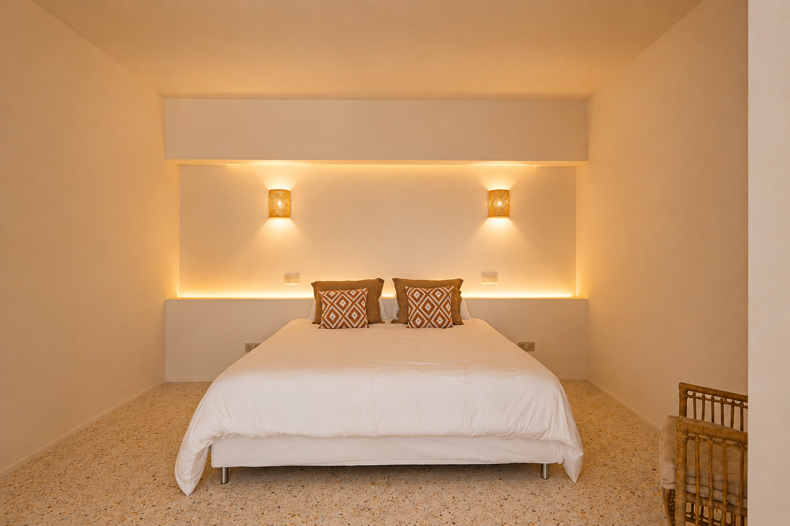 Slaapkamer met tweepersoonsbed, geïntegreerde LED-hoofdbordverlichting en geweven wandlampen. Terrazzovloer en decoratieve kussens.