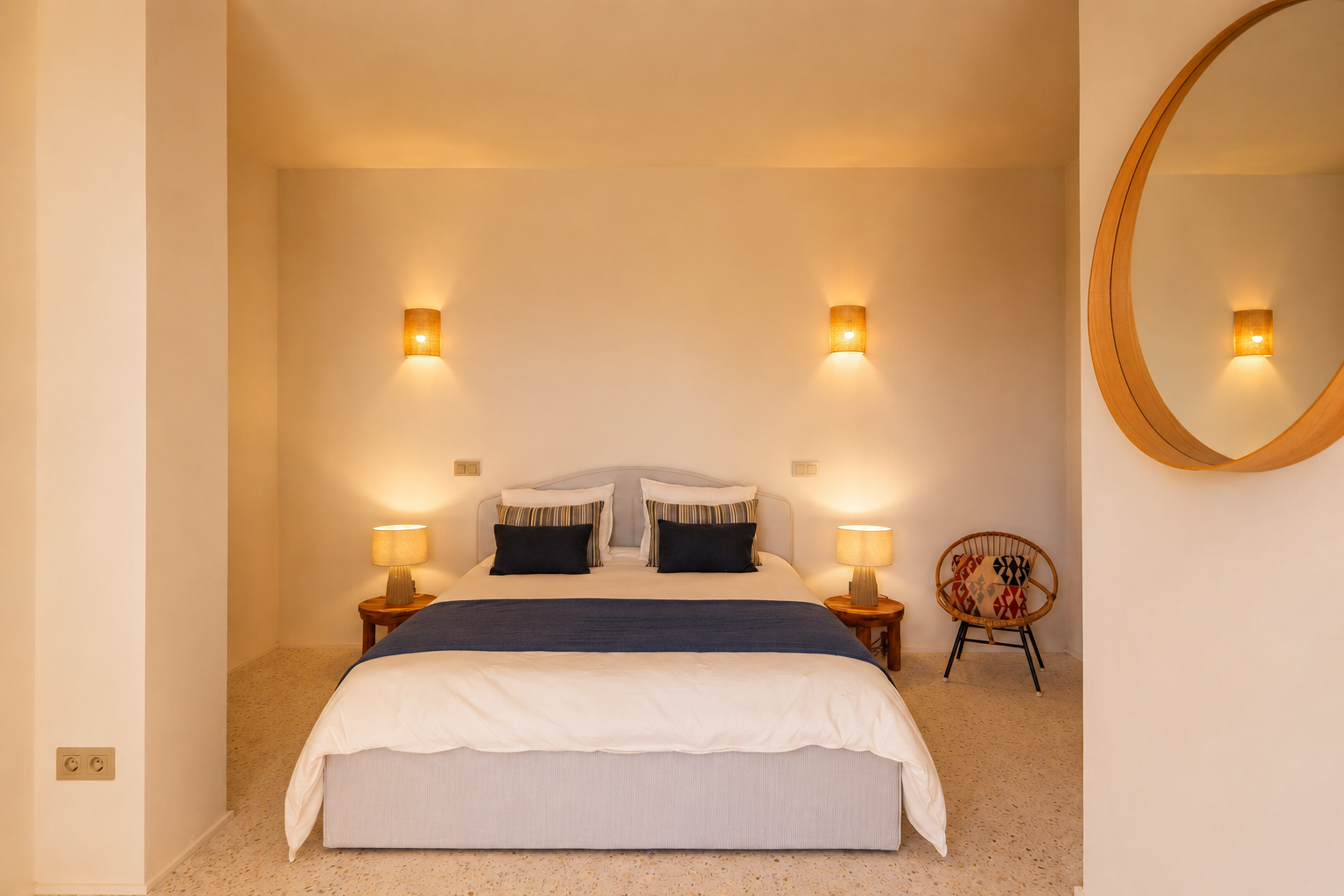 Slaapkamer met tweepersoonsbed, houten nachtkastjes en keramische lampen. Wandlampen met raffia kappen en een ronde houten spiegel sieren de ruimte. Terrazzovloer.