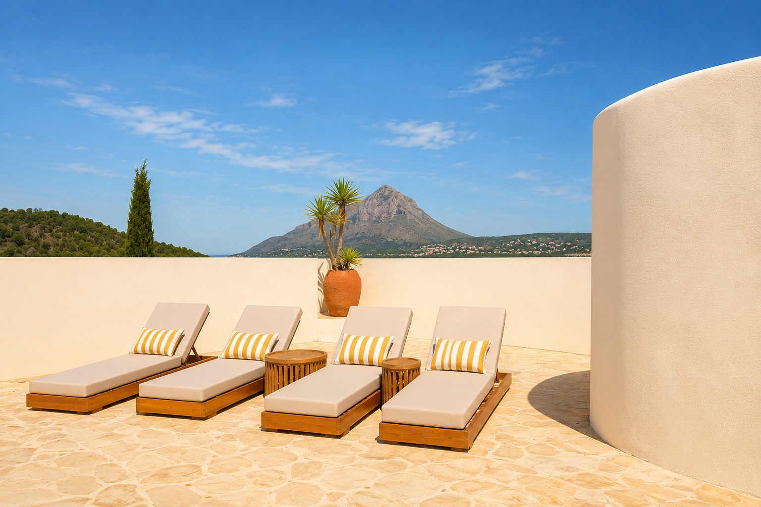 Terrassolarium met vier houten ligstoelen, gestreepte kussens, stenen bestrating en panoramisch uitzicht op de Montgó en de verre zee.
