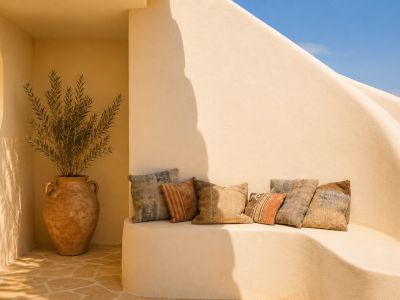 De ruime master suite beschikt over een comfortabele slaapruimte met directe toegang tot een privéterras, met weids uitzicht op de kust.