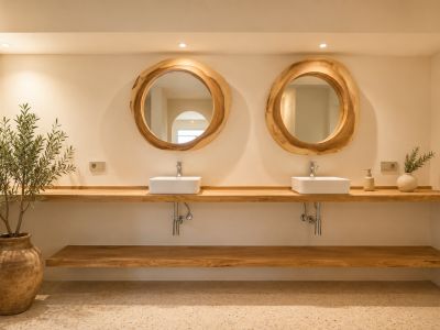 Dubbele wastafel met organische houten spiegels en zwevende lichte houten planken. Een olijfboom in pot verrijkt de ruimte met terrazzovloer.