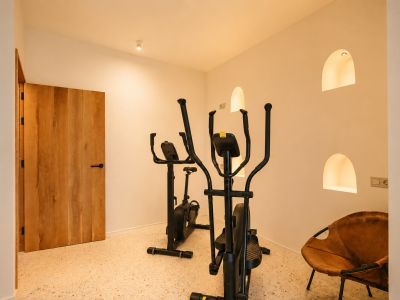 Toegewijde fitnessruimte met crosstrainer en hometrainer op terrazzovloer, aangevuld met verlichte boognissen en een houten deur.