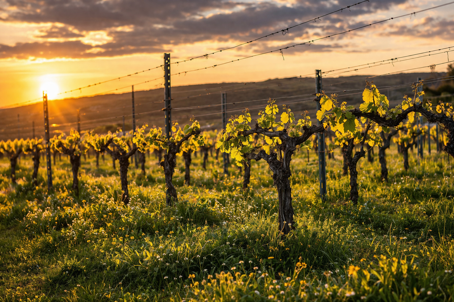 Gouden avondlicht verlicht de wijngaard, met jonge druivenbladeren aan de draadconstructie en een tapijt van gras met wilde bloemen. Een warme zonsondergang gloeit aan de horizon.