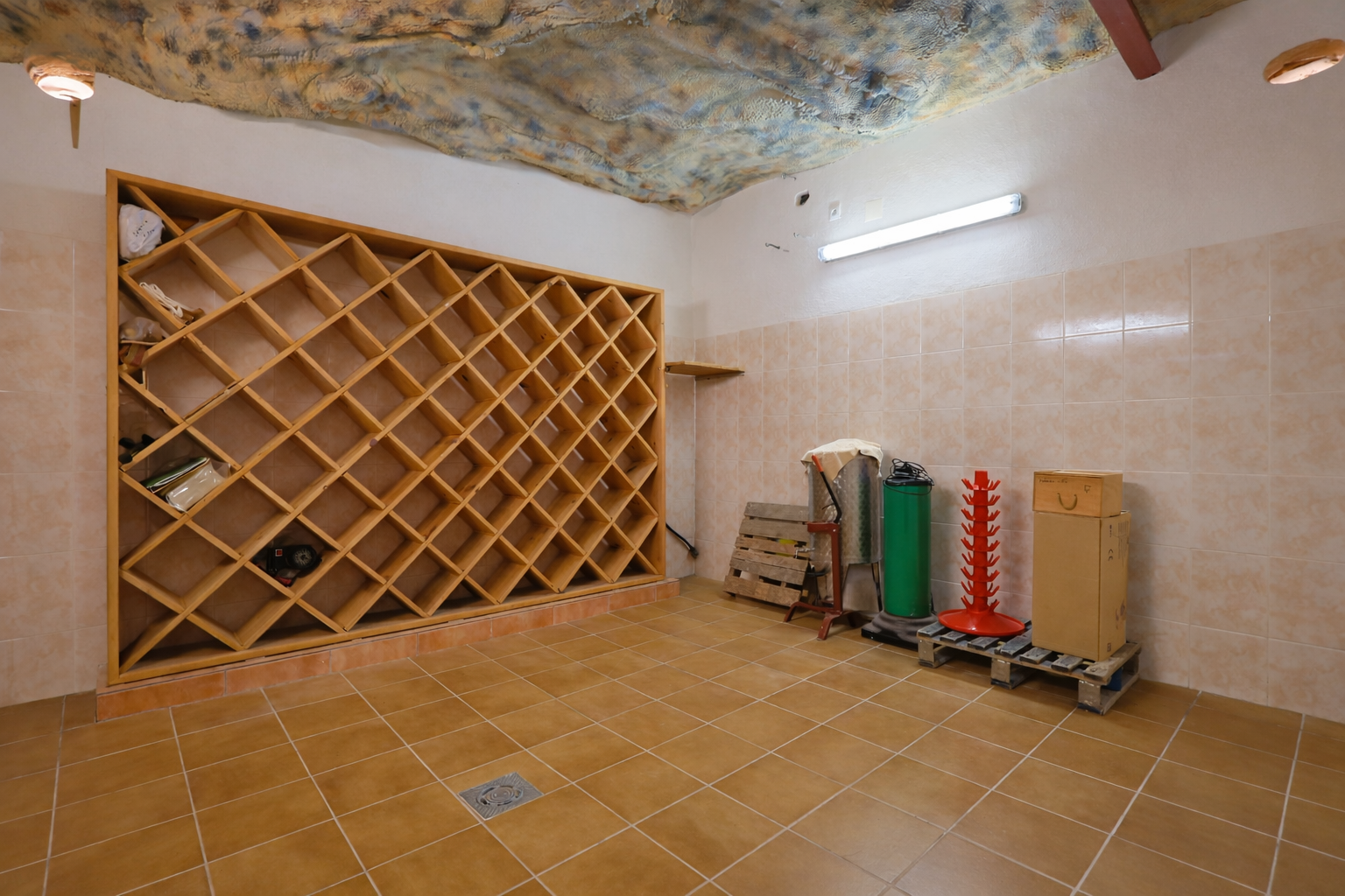 Ruime wijnkelder met een groot houten flessenrek, betegelde muren en keramische vloer. Opvallend zijn het gestructureerde grotplafond en de functionele verlichting.