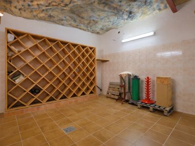 Ruime wijnkelder met een groot houten flessenrek, betegelde muren en keramische vloer. Opvallend zijn het gestructureerde grotplafond en de functionele verlichting.
