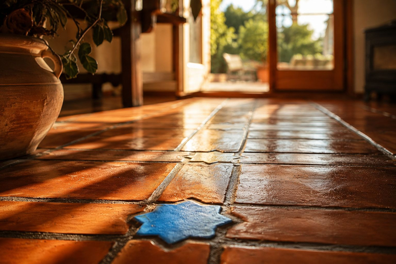 Ambachtelijke terracotta vloertegels met een blauw stervormig detail, verlicht door natuurlijk licht vanuit de tuin.