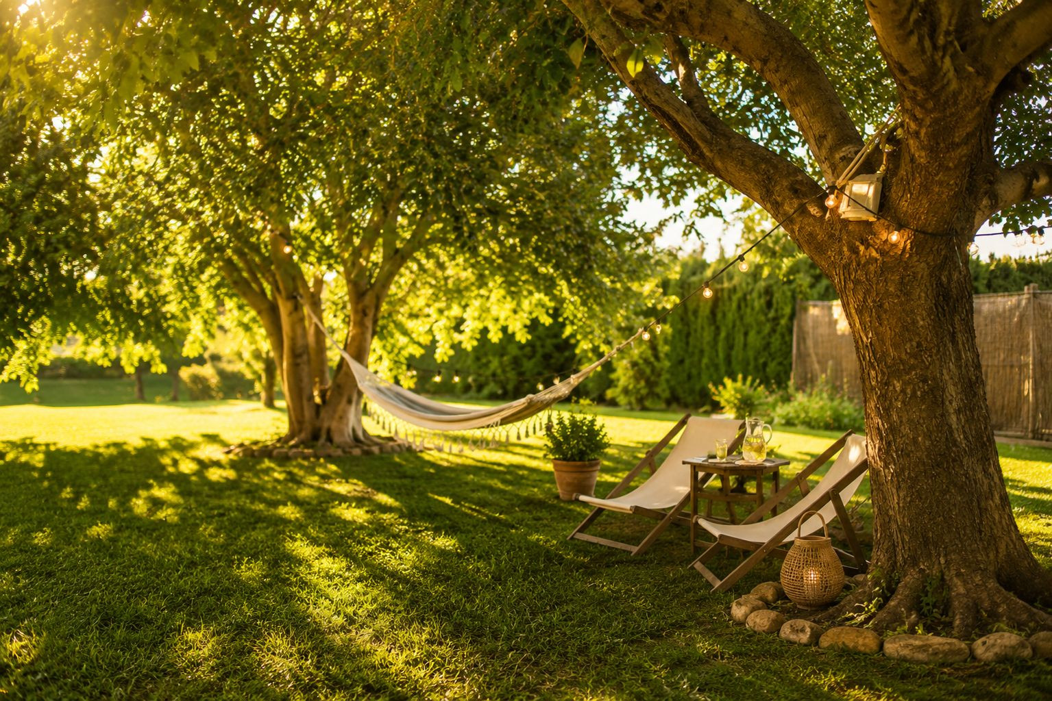 Weelderige tuin met volwassen bomen en gefilterd zonlicht. Een hangmat, ligstoelen en een bijzettafel met verfrissingen creëren een serene ontspanningsplek, verlicht door sfeervolle lichtslingers.