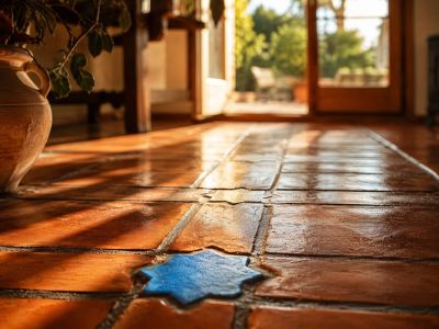 Ambachtelijke terracotta vloertegels met een blauw stervormig detail, verlicht door natuurlijk licht vanuit de tuin.