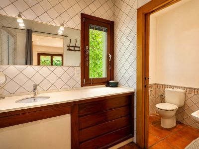 Badkamer met wastafel op licht blad en donkerhouten meubel. De grote spiegel met wandlampen en het houten raam bieden uitzicht op weelderig groen buiten.