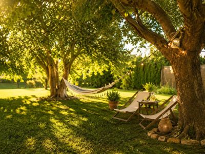 Weelderige tuin met volwassen bomen en gefilterd zonlicht. Een hangmat, ligstoelen en een bijzettafel met verfrissingen creëren een serene ontspanningsplek, verlicht door sfeervolle lichtslingers.