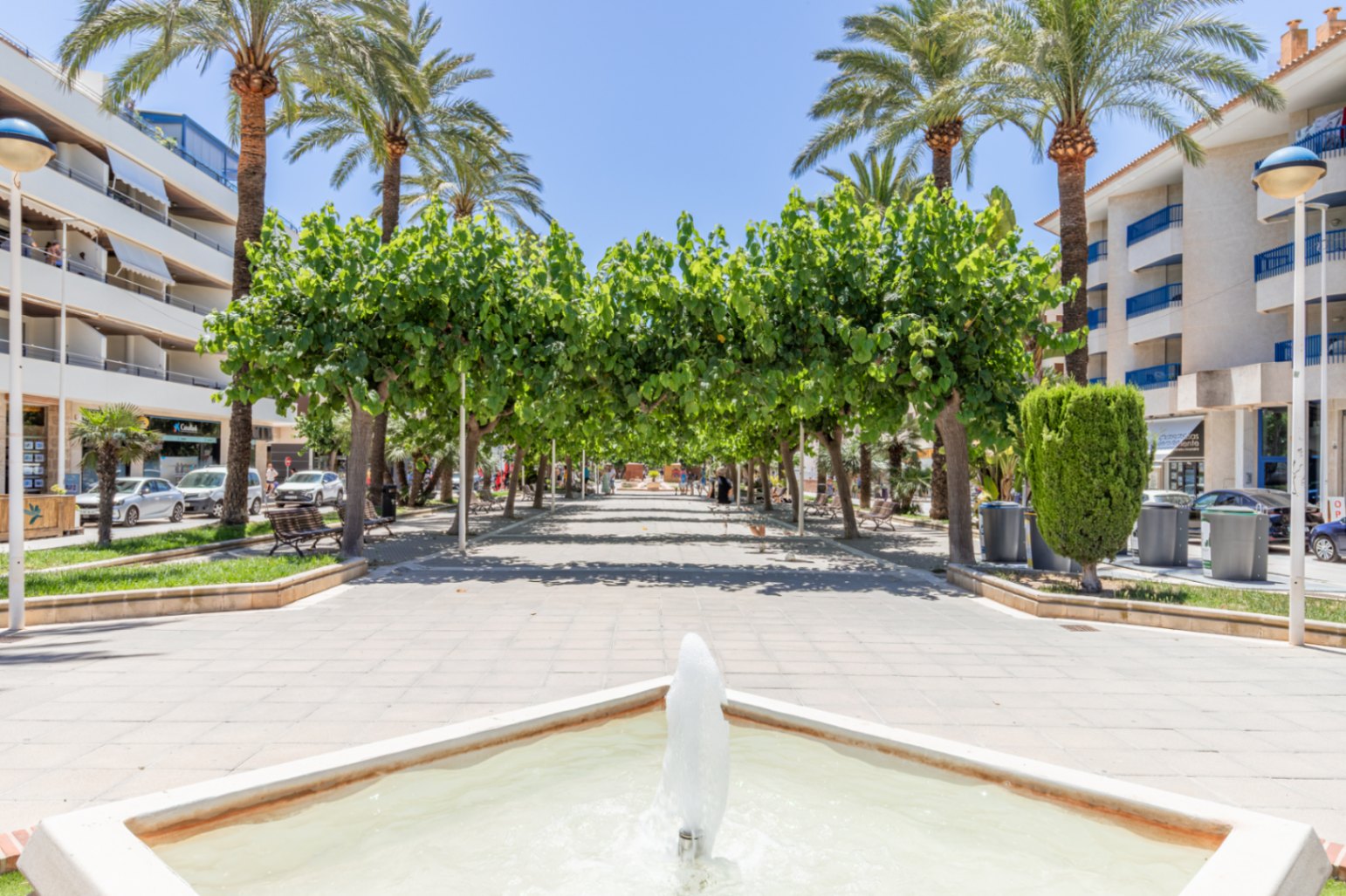 Brede voetgangerspromenade in Moraira, met een vierkante fontein op de voorgrond, beschaduwd door een bladerdak van groene bomen en hoge palmbomen, geflankeerd door gebouwen.