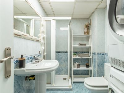 Functionele badkamer met lichtblauwe tegels, een voetstukwastafel, douchecabine en gestapelde LG-was- en droogapparaten. Een ladderrek biedt praktische opbergruimte.