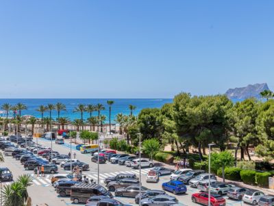 Panoramisch uitzicht op de Middellandse Zee, met palmbomen, zandstrand en de verre Peñón de Ifach, naast een drukke parkeerplaats en pijnbomen.