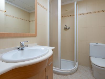 Functionele badkamer met ovale wastafel op licht houten meubel, ingelijste spiegel, hoekdouche en beige tegels met decoratieve rand.