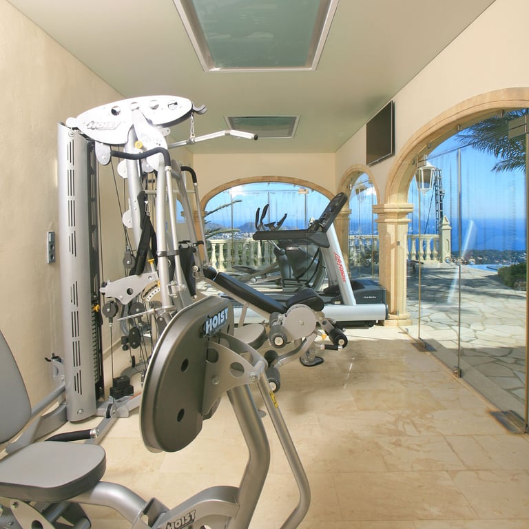 Privé fitnessruimte met Hoist en Life Fitness apparatuur, marmeren vloer en gewelfde glazen wanden met panoramisch uitzicht op zee en zwembad. Dakramen zorgen voor natuurlijk licht.