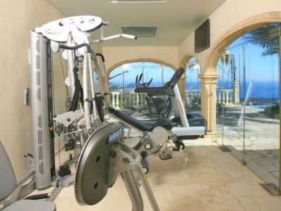 Privé fitnessruimte met Hoist en Life Fitness apparatuur, marmeren vloer en gewelfde glazen wanden met panoramisch uitzicht op zee en zwembad. Dakramen zorgen voor natuurlijk licht.