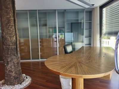 Ruime privékantoor met een uniek houten bureau met stermotief, schuifdeuren van matglas, een binnenboom en veel natuurlijk licht van het raam.