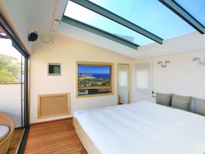Slaapkamer met een grote glazen lichtkoepel en warme houten vloer. Een schuifdeur biedt toegang tot een privéterras met rieten stoel en ingebouwde tv.