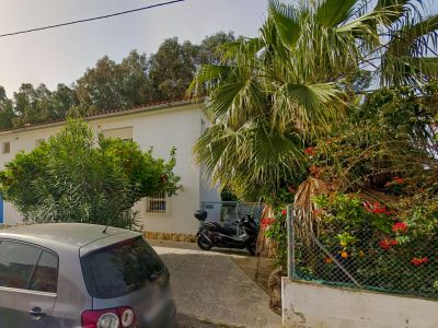 Exterieur van de villa's verharde oprit, met een sinaasappelboom vol vruchten, een palm en weelderige mediterrane begroeiing.