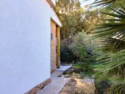 Zijzicht van de villa met een witte gevel, stenen plint en een betonnen pad. Weelderig tuingroen, inclusief een prominente palmboom, omzoomt de privé buitenruimte.