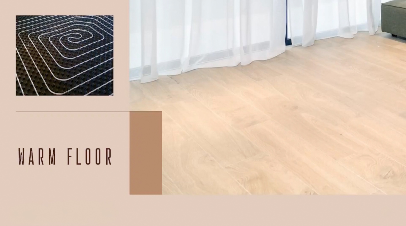 Gedetailleerde weergave van de vloerverwarming, gecombineerd met lichte houten vloer en transparante gordijnen.