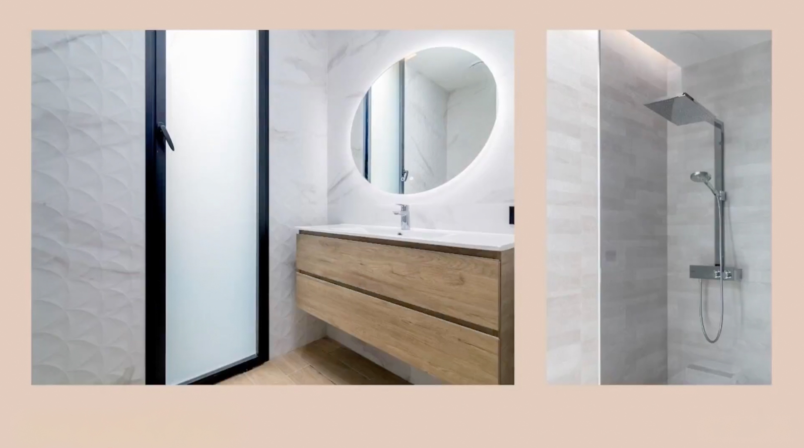 Moderne badkamer met zwevend houten wastafelmeubel, verlichte ovale spiegel en regendouche. Marmerlook en gestructureerde wandtegels.