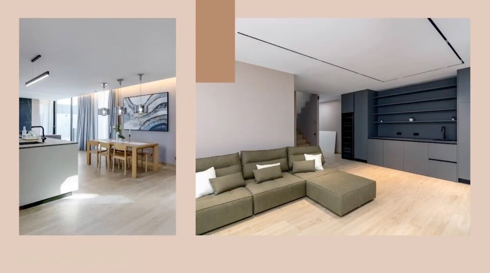 Open leefruimte met modern kookeiland, houten eethoek en olijfgroene hoekbank. Donkergrijze inbouwkasten en strakke verlichting complementeren het design.