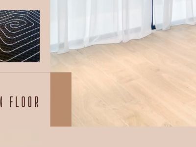 Gedetailleerde weergave van de vloerverwarming, gecombineerd met lichte houten vloer en transparante gordijnen.