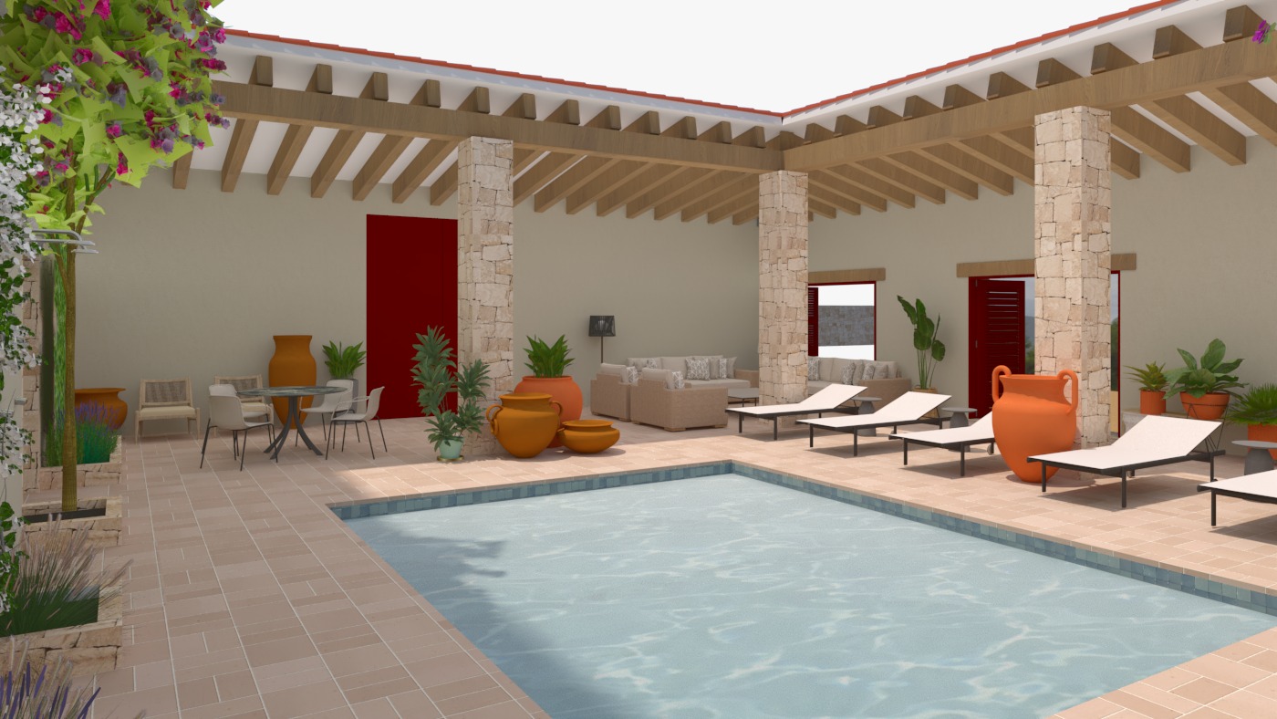 Patio met zwembad en veranda