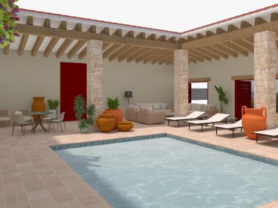 Patio met zwembad en veranda