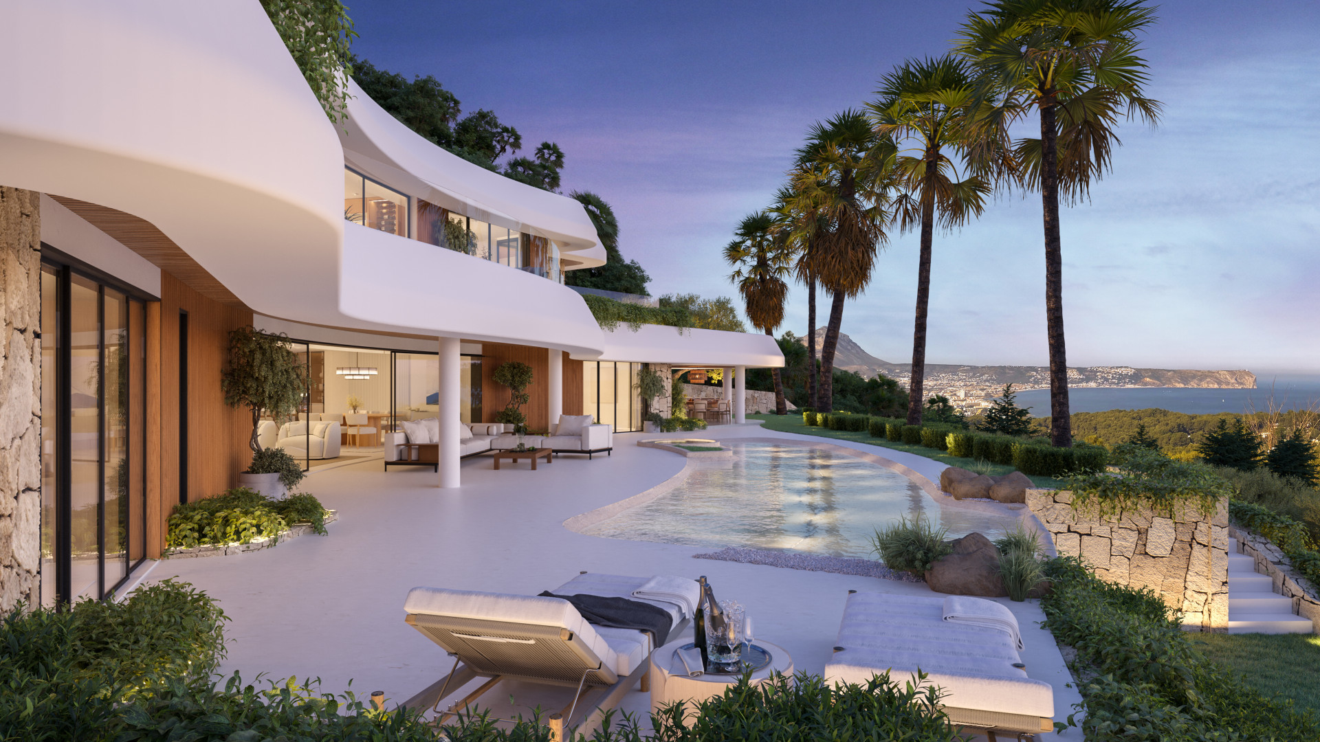 Terras en zwembad met zeezicht
