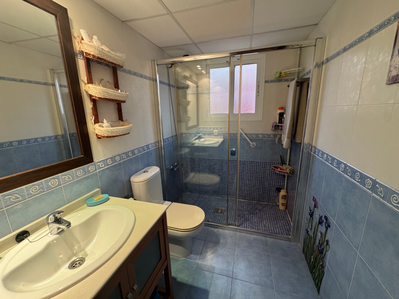 Badkamer met decoratieve blauwe tegels, douchecabine met glazen wanden en wastafelmeubel van hout.