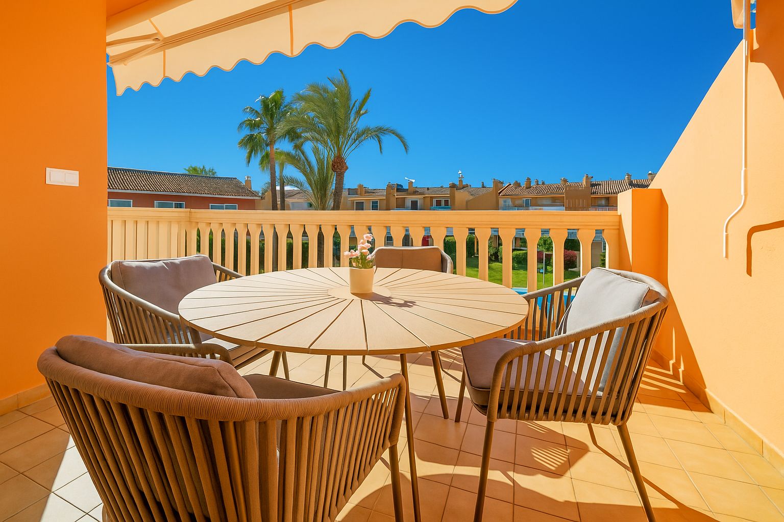 Privéterras met oranje wanden, een ronde houten tafel en stoelen van gevlochten touw. Voorzien van een zonnescherm en uitzicht op palmbomen en bebouwing.
