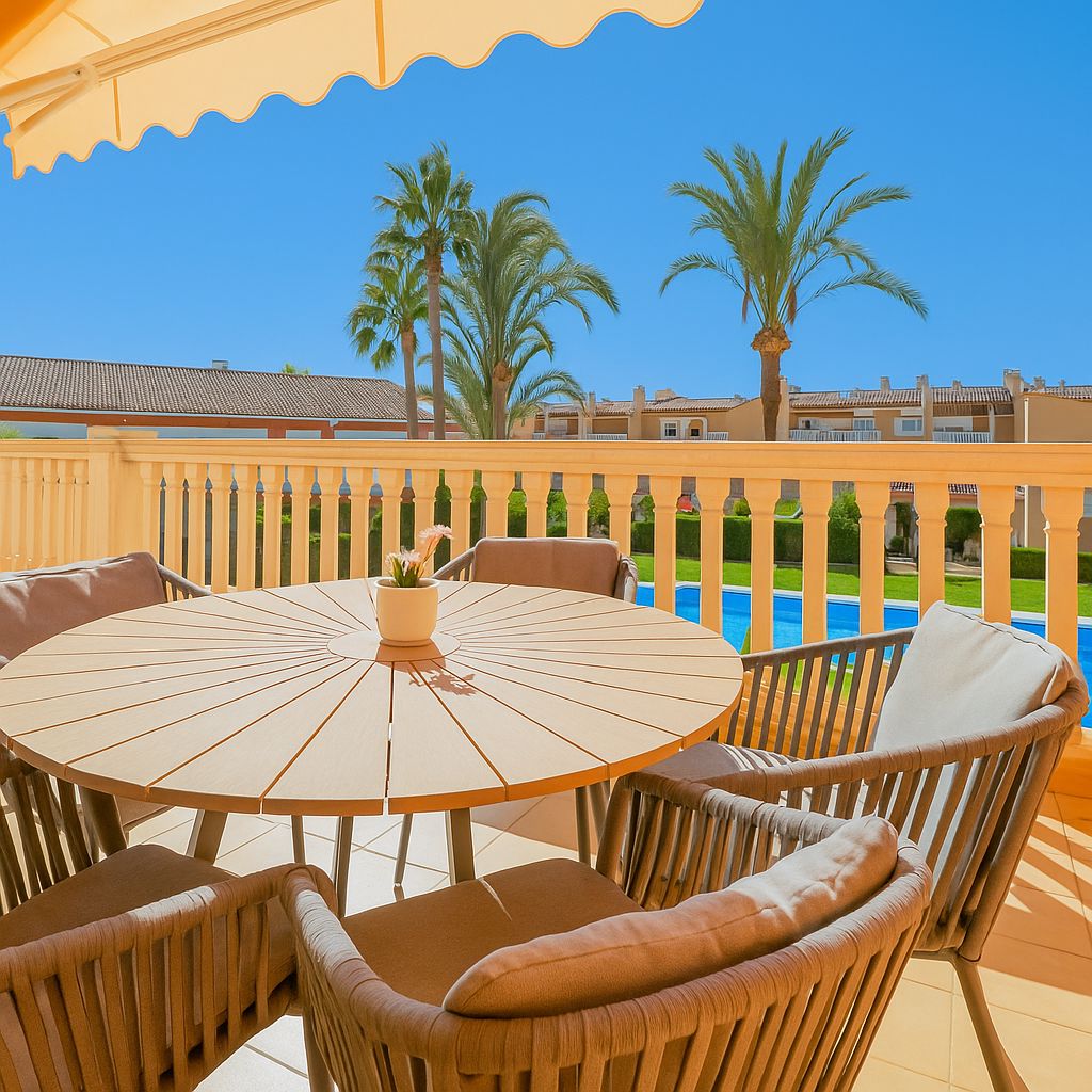 Terras met een ronde houten tafel en gevlochten stoelen, uitkijkend op het zwembad en palmbomen. Voorzien van een uitvalscherm voor schaduw.