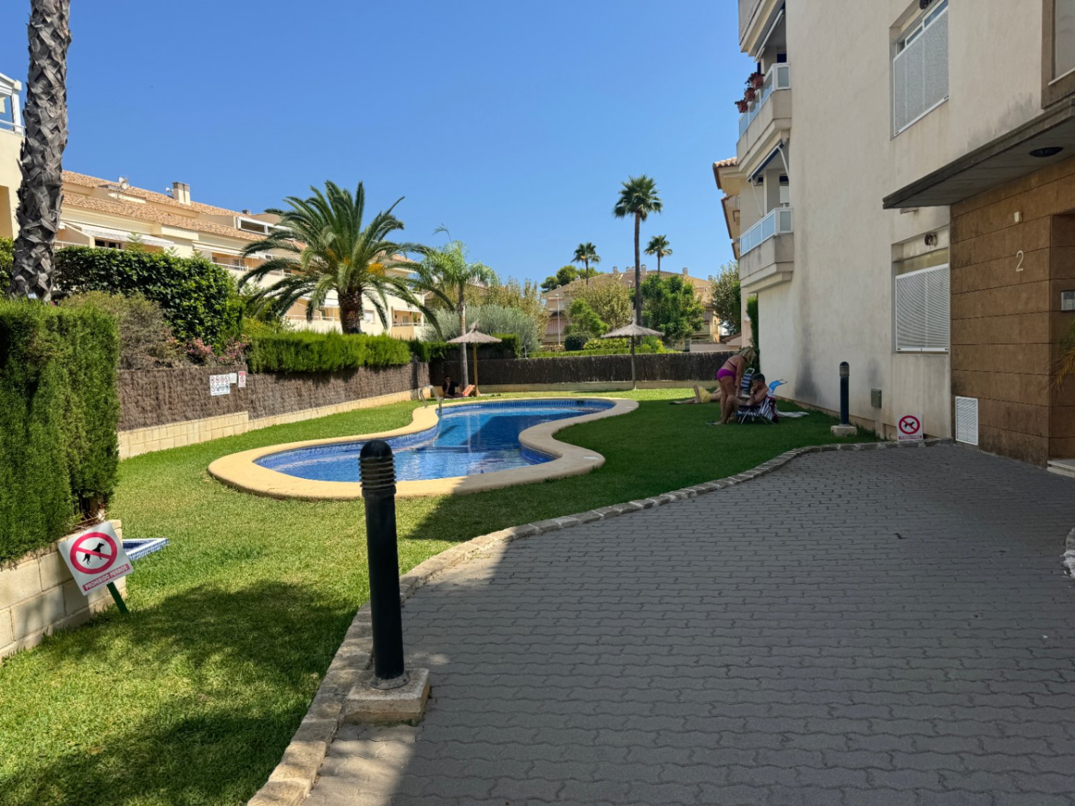 Nier-vormig buitenzwembad met blauwe tegels, omgeven door een gazon, palmbomen en rieten parasols bij een appartementencomplex.