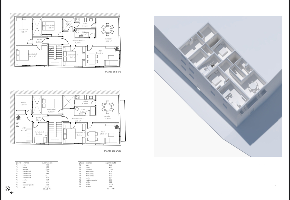 Gedetailleerde architecturale plattegronden en een isometrisch 3D-model van een woning met twee verdiepingen, slaapkamers, open leefruimtes en een centrale trap.