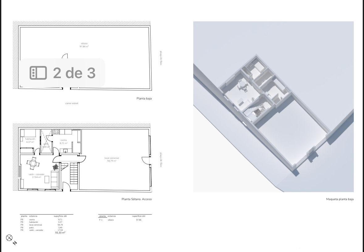 Technische plattegronden en 3D-model van de begane grond met commerciële ruimte, woonkamer, keuken en een ruim souterrain van 97 m².