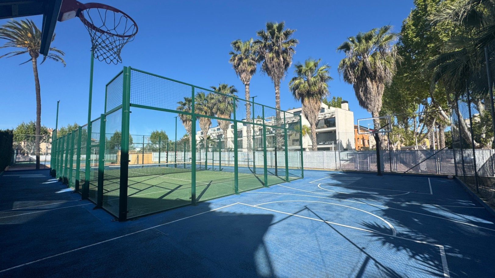 Buitensportfaciliteiten met een groene padelbaan voorzien van glazen wanden en een aangrenzend blauw basketbalveld, omringd door palmbomen.